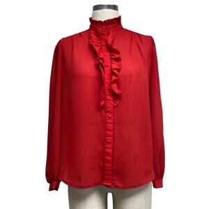 Vintage Cabrais Womens Size 12 Red Ruffle Button Up Semi Sheer Top